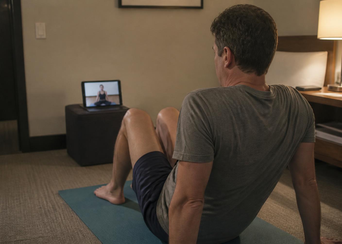 ホテルの一室でタブレット越しにピラティスの指導を受ける男性
